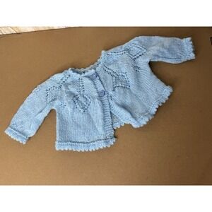 Baby Hand Knit Infant Sweater Cardigan Baby Blue Doll Vintage Teddy bear
